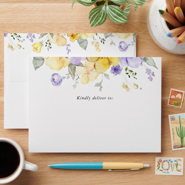 Purple Flowers, Yellow Flowers, Greenery, Wedding Envelope (Desk)