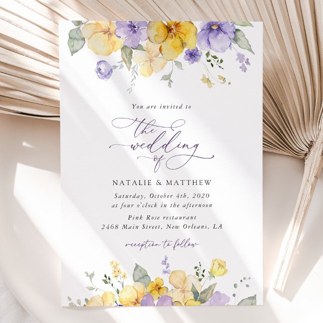 Purple Flowers, Yellow Flowers, Greenery, Wedding Invitation (Creator Uploaded)