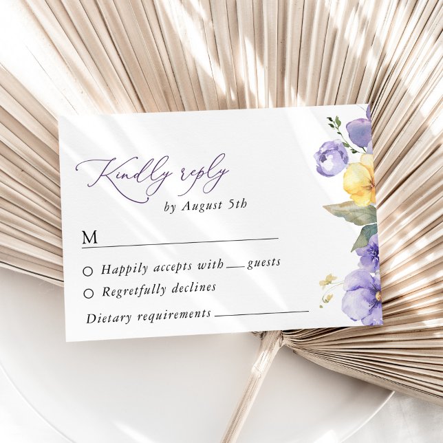 Purple Flowers, Yellow Flowers, Greenery, Wedding RSVP Card (Creator Uploaded)