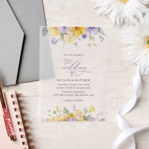 Purple Flowers, Yellow Flowers, Greenery, Wedding Vellum Invitations