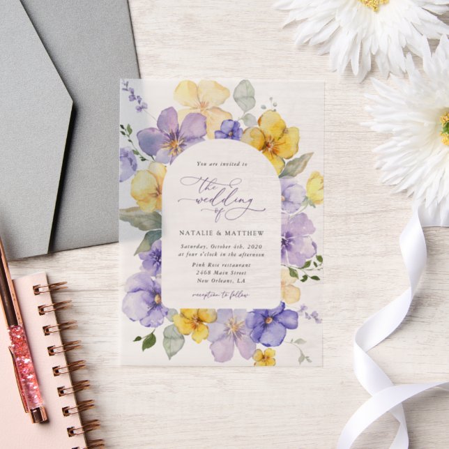 Purple Flowers, Yellow Flowers, Greenery, Wedding Vellum Invitations (Wedding)
