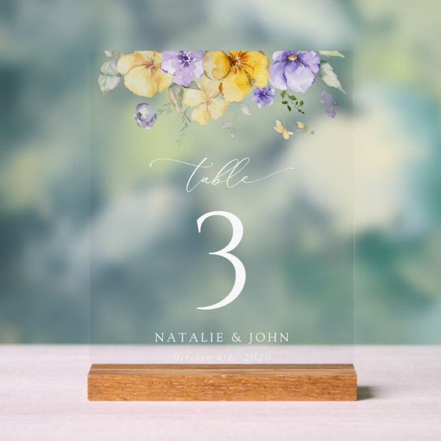 Purple Flowers, Yellow Flowers, Table Numbers Acrylic Sign (Neutral)