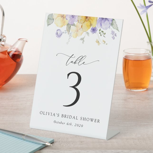 Purple Flowers, Yellow Flowers, Table Numbers Pedestal Sign (In SItu)