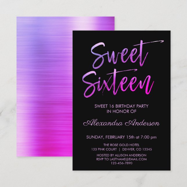 Purple Foil and Black Sweet Sixteen Birthday Invitation (Front/Back)