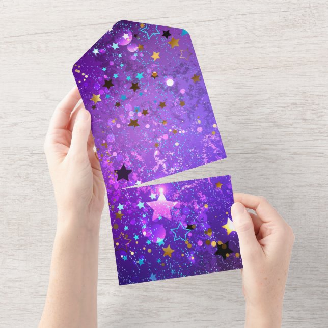 Purple foil background with Stars All In One Invitation (Tearaway)