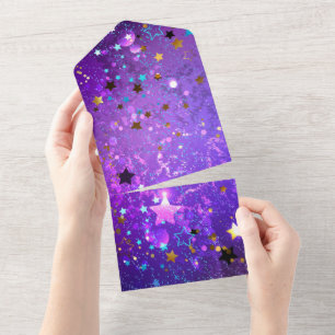 Purple foil background with Stars All In One Invitation