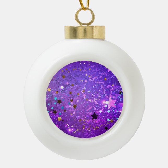 Purple foil background with Stars Ceramic Ball Christmas Ornament (Front)