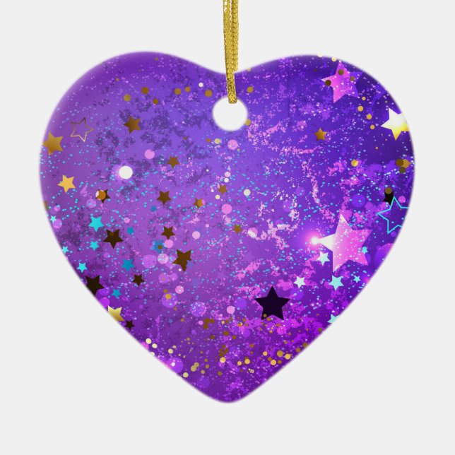 Purple foil background with Stars Ceramic Tree Decoration (Front)