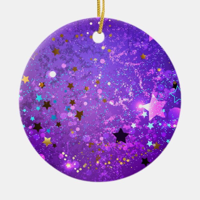 Purple foil background with Stars Ceramic Tree Decoration (Front)