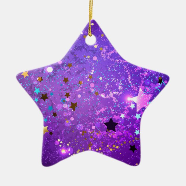 Purple foil background with Stars Ceramic Tree Decoration (Front)