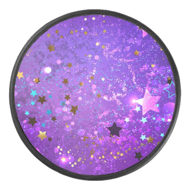 Purple foil background with Stars Hockey Puck (Front)