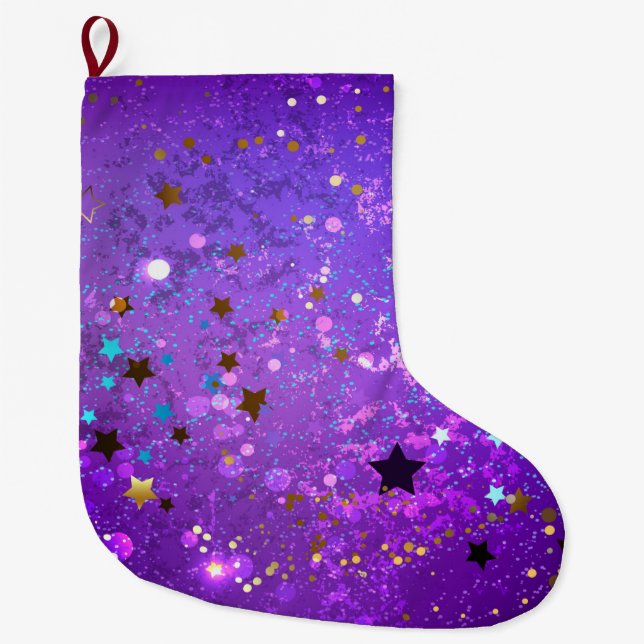 Purple foil background with Stars Large Christmas Stocking (Front)