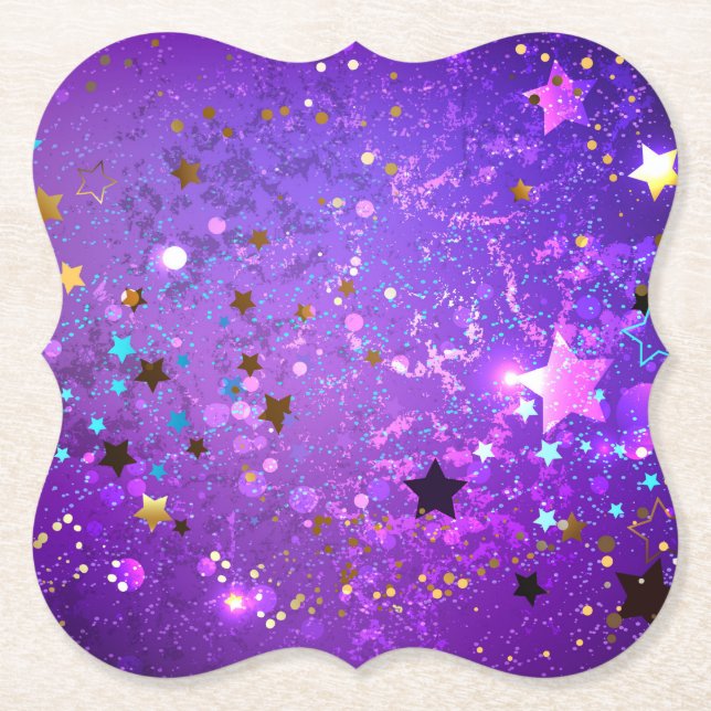 Purple foil background with Stars Paper Coaster (Front)