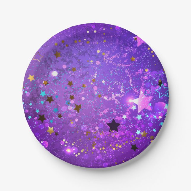 Purple foil background with Stars Paper Plate (Front)