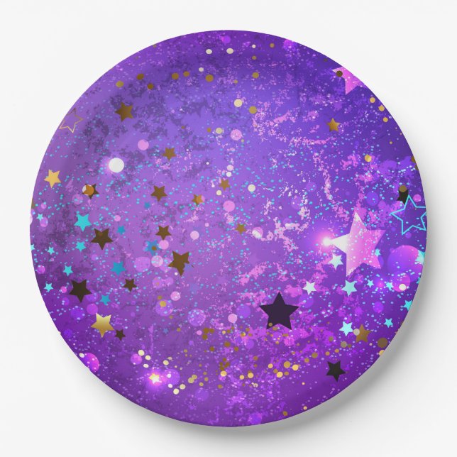 Purple foil background with Stars Paper Plate (Front)