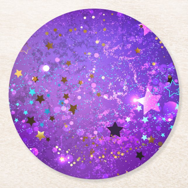 Purple foil background with Stars Round Paper Coaster (Front)