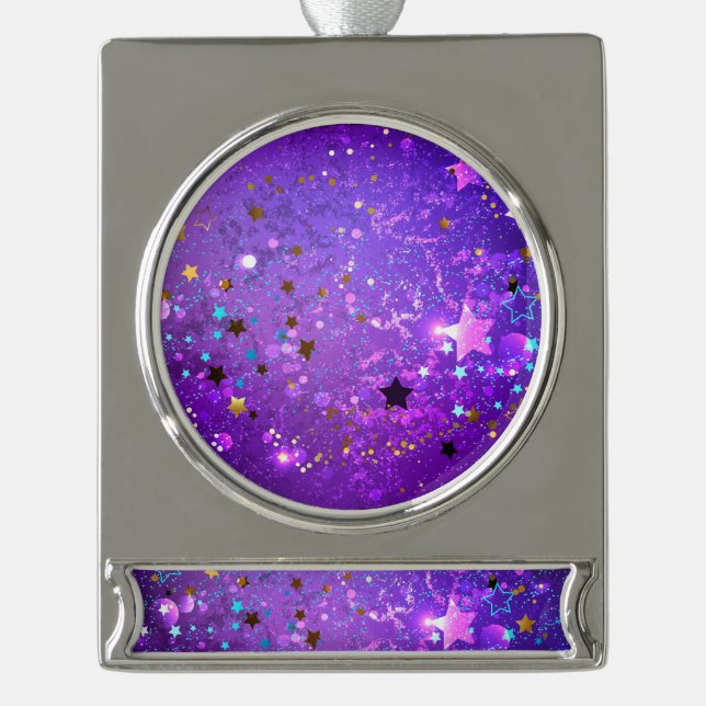 Purple foil background with Stars Silver Plated Banner Ornament (Front)