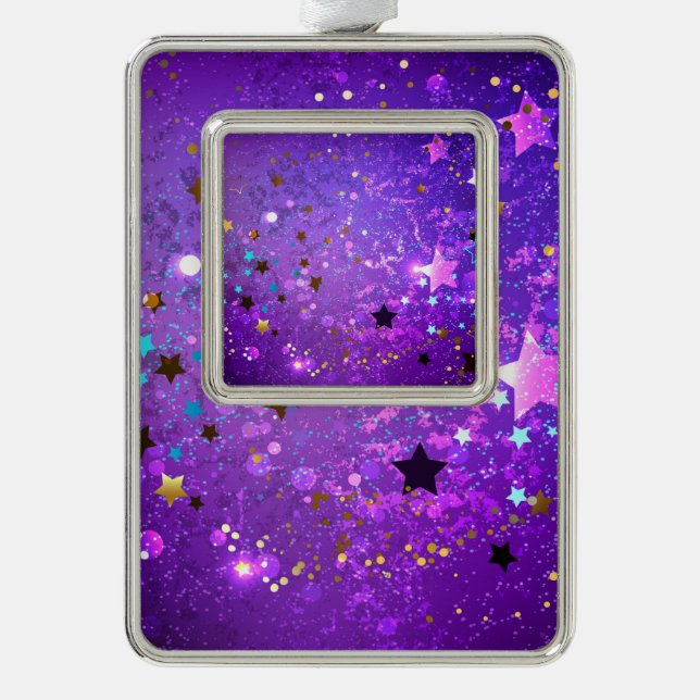 Purple foil background with Stars Silver Plated Framed Ornament (Front)