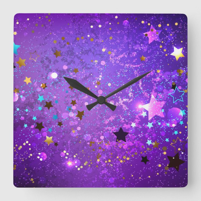 Purple foil background with Stars Square Wall Clock (Front)