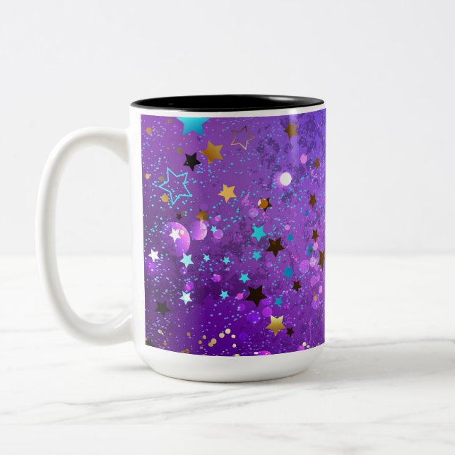 Purple foil background with Stars Two-Tone Coffee Mug (Left)