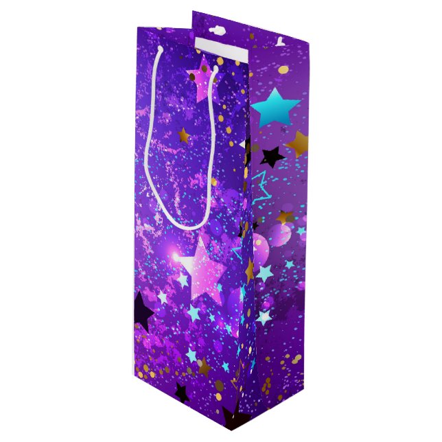 Purple foil background with Stars Wine Gift Bag (Front Angled)