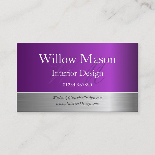 Purple Foil & Brushed Steel Monogram Business Card (Front)