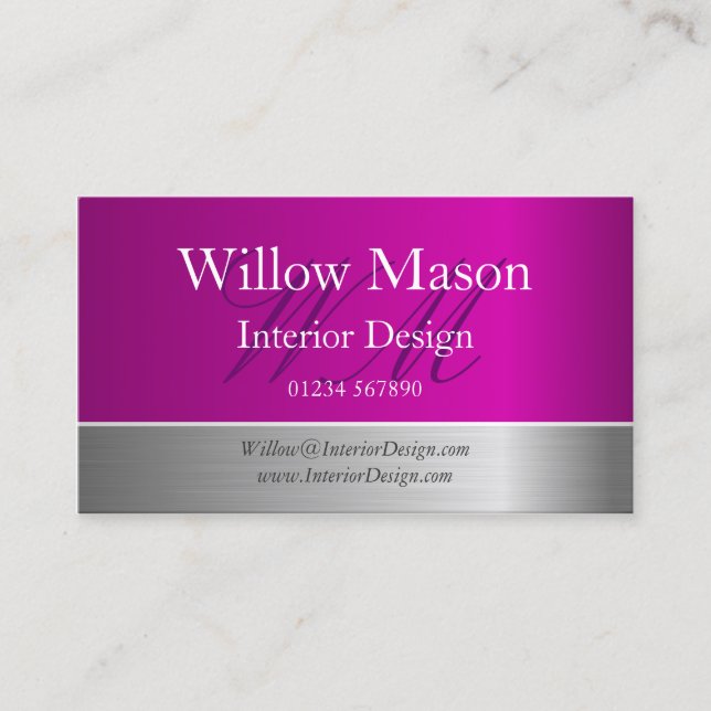 Purple Foil & Brushed Steel Monogram Business Card (Front)