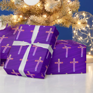 Purple Foil Gold Crucifix Christmas Wrapping Paper