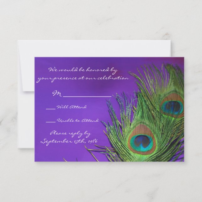 Purple Foil Peacock Wedding RSVP cards (Front)