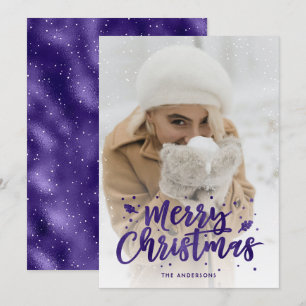 Purple Foil Script Snow Photo Christmas Cards
