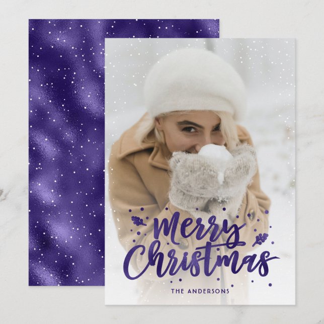 Purple Foil Script Snow Photo Christmas Cards (Front/Back)