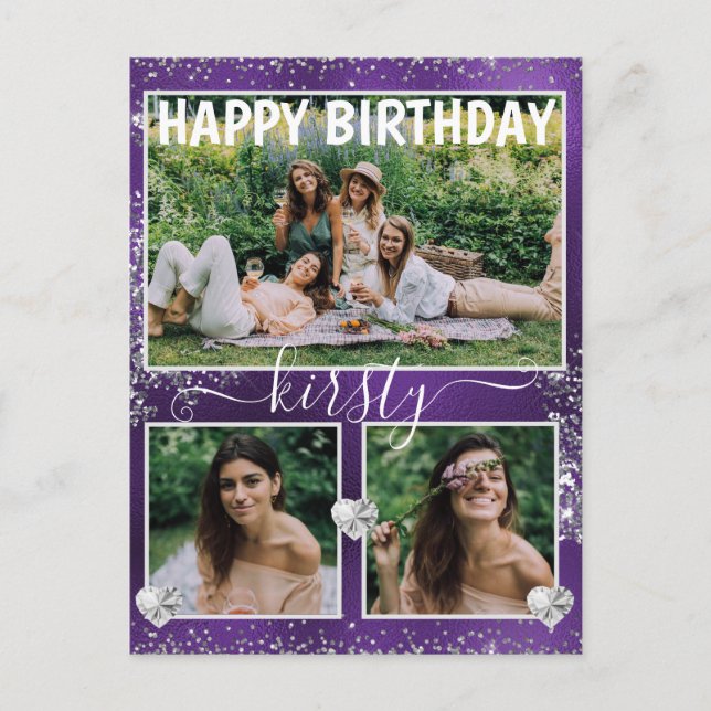 Purple Foil & Silver Glitter 3 Photo Birthday Postcard (Front)