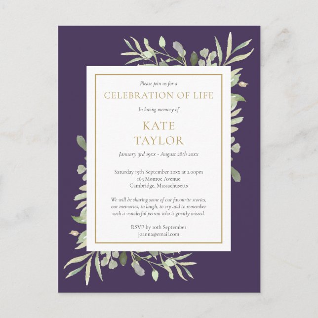 Purple Foliage Celebration of Life Invitation Postcard (Front)
