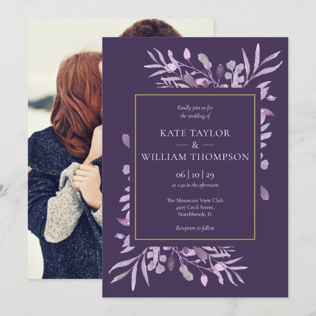 Purple Foliage Chic Gold Photo Wedding Invitation (Front/Back)