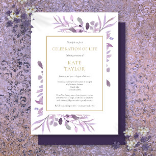 Purple Foliage Gold Celebration of Life Funeral Invitation