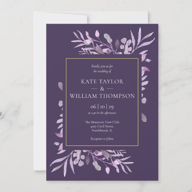 Purple Foliage Gold Geometric Wedding Invitation (Front)