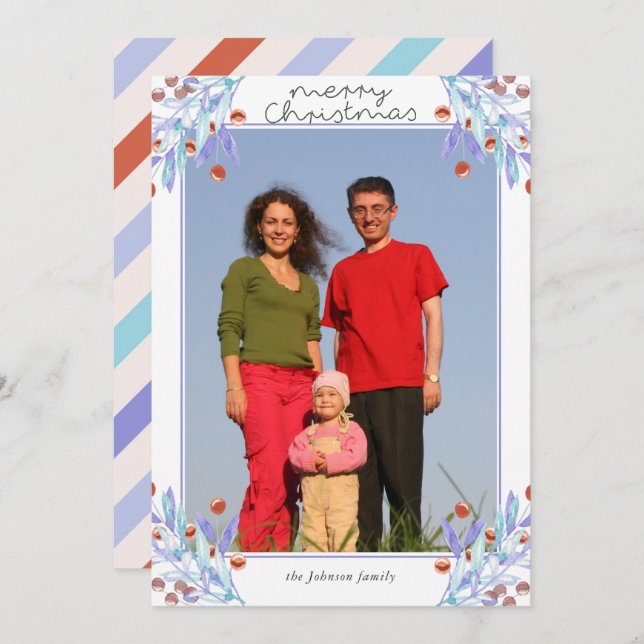 Purple Foliage Holly Berries Photo Christmas Card (Front/Back)