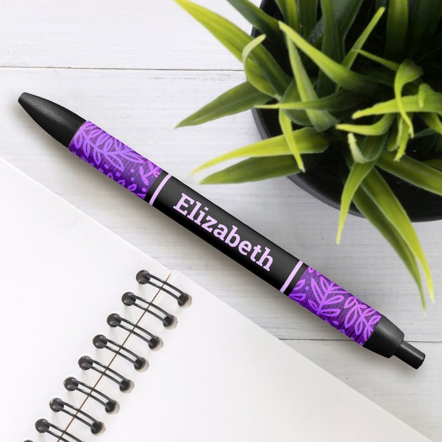 Purple foliage leaves pattern custom name modern black ink pen (Creator Uploaded)