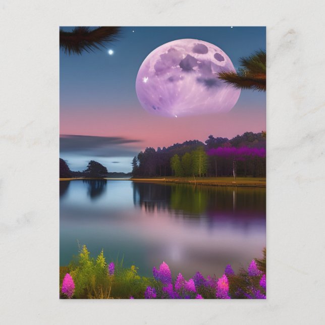 Purple foliage Moon and peaceful lake Postcard (Front)