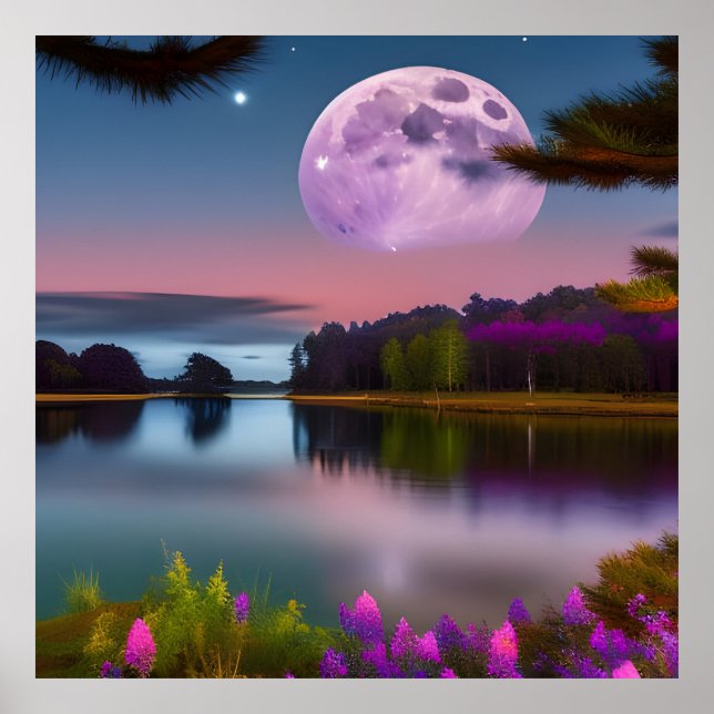 Purple foliage Moon and peaceful lake Poster (Front)
