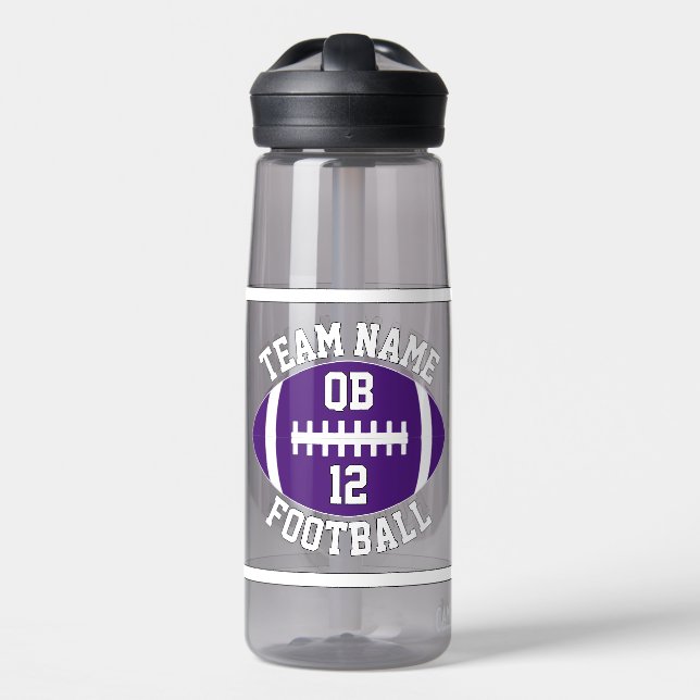 Purple Football Custom Team Name and Player Number Water Bottle (Front)