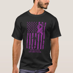 Purple For Epilepsy Awareness Purple USA Flag Ribb T-Shirt