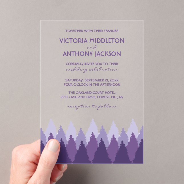 Purple Forest Range Woodland Wedding Acrylic Invitations (Insitu (Handheld))