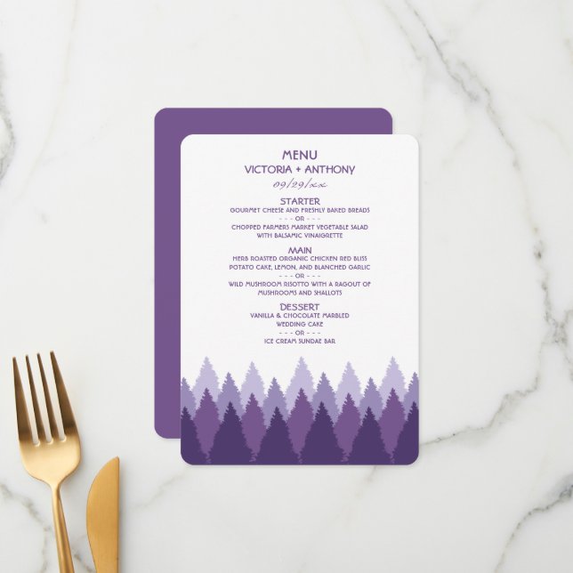 Purple Forest Range Woodland Wedding Menu (Front/Back In Situ)
