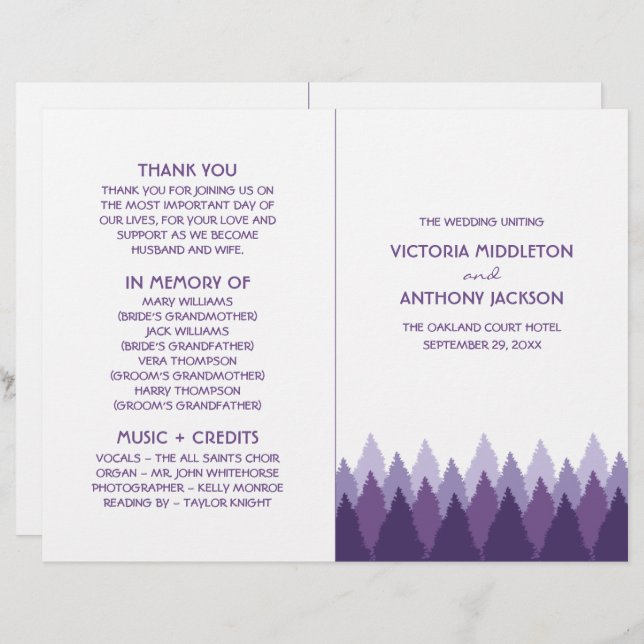 Purple Forest Range Woodland Wedding Program (Front/Back)
