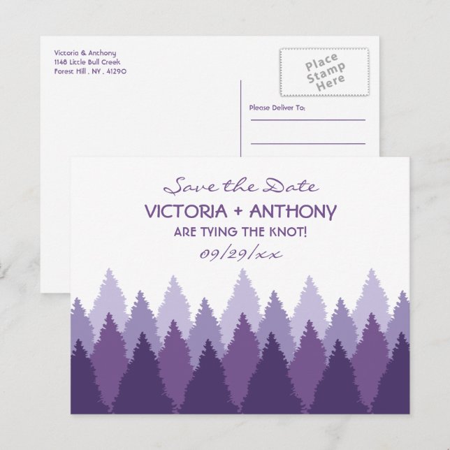 Purple Forest Range Woodland Wedding Save The Date Postcard (Front/Back)