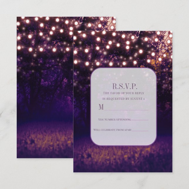 Purple Forest Sunset String Lights Wedding RSVP Invitation (Front/Back)