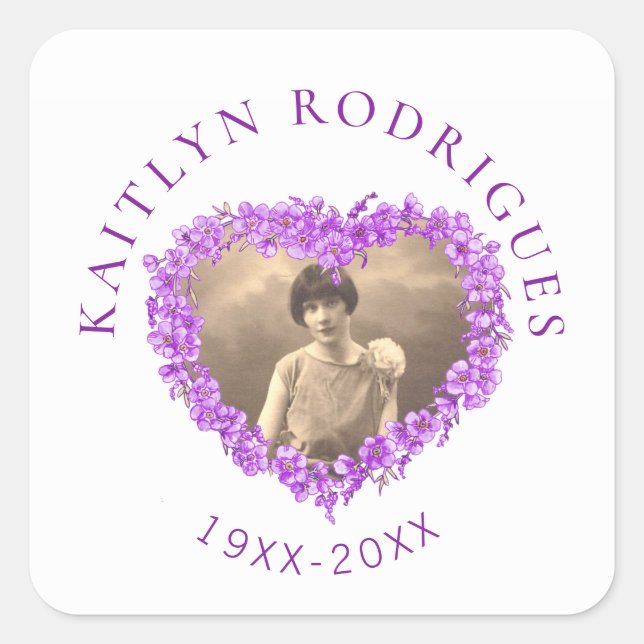 Purple forget-me-not flowers heart photo memorial square sticker (Front)