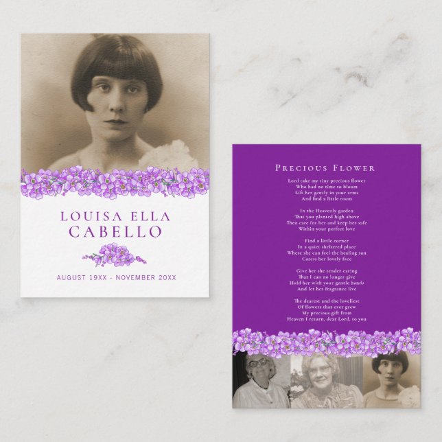 Purple forget-me-nots photo poem funeral card (Front/Back)