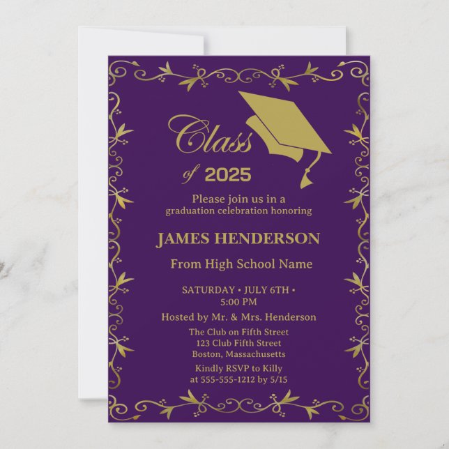 Purple Formal Gold College Graduation Party 2025 Invitation (Front)